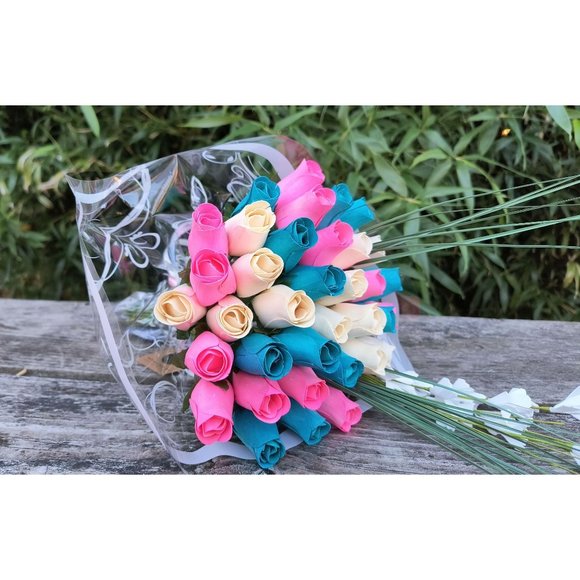 3 Dozen Gender Reveal Wooden Rose Flower Bouquet. The Original Wooden Rose - Picture 6 of 9